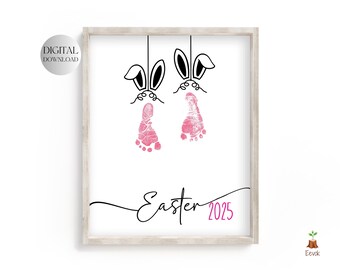 Printable Bunny Footprint Art, DIY Easter Handprint Craft Grandma Handprint Easter Gift Holiday DIY New Born Foot Print 1st Easter Keepsake
