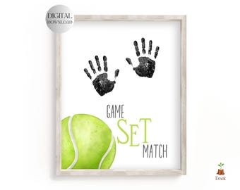 PRINTABLE Tennis Handprint Craft, Fathers Day Tennis Ball Footprint Kids Art Crafts DIY Sports Craft Father's Day Print Dad Handprint Art