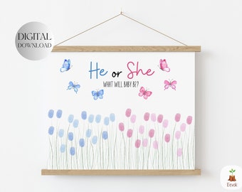 PRINTABLE He or She What Will Baby Be Sign, Baby Shower Guest book, Gender Reveal Party Activity, Fingerprint Thumbprint Guess Game Poster
