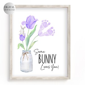 Arte imprimible con huellas de manos de Pascua para niños, Un conejito te ama, Primera Pascua del bebé, Ramo de flores preescolar, Arte con huellas de manos de Pascua