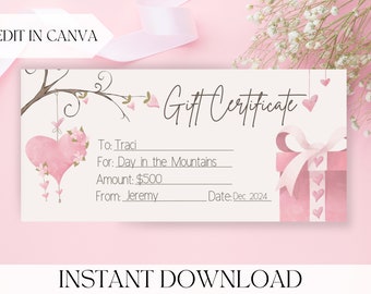 Valentines Gift Certificate Voucher Template, Editable Valentine Coupon, Personalized Voucher, Printable Valentine's Gift Certificate Canva