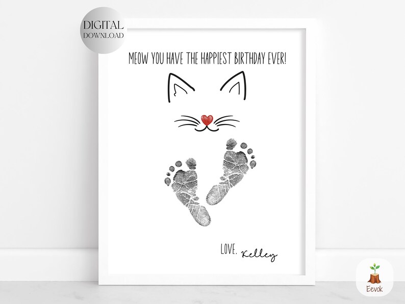 Printable Cat Birthday Card, Cute Cat Card, Baby's Footprint Art ...