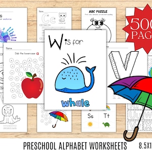 Peut inclure: Un ensemble de feuilles de travail d'alphabet préscolaire imprimables présentant diverses activités sur le thème des lettres, notamment des points à relier, des coloriages et des tracés. Les feuilles de travail sont conçues pour que les enfants apprennent l'alphabet et pratiquent leur motricité fine. L'ensemble comprend plus de 500 pages et mesure 8,5 x 11 pouces.