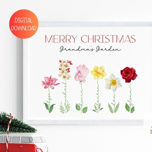 Impression de cadeau de Noël jardin de grand-mère, art mural personnalisé imprimable de Noël, cadeau jardin de grand-mère personnalisé pour Noël mois de naissance art