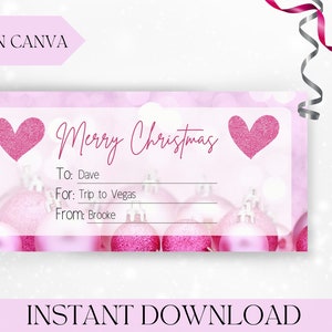 Modèle de billet imprimable Noël rose chèque-cadeau carte-cadeau coupon cadeau surprise révéler billet téléchargeable babysitting Noël