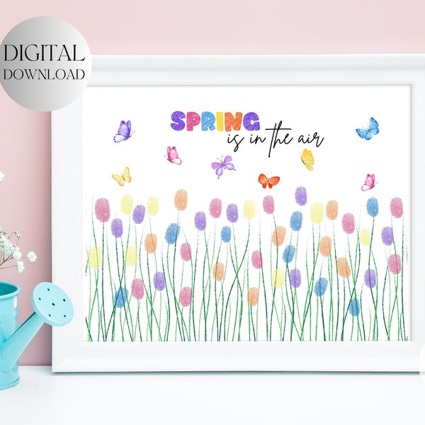 Printable Preschool Craft, Kids Spring is in the Air Fingerprint Art Toddler Activity, Butterfly Spring Garden Gift Springtime Keepsake Art