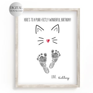 Druckbare süße Katzen Karte, Baby Fußabdruck Kunst Geburtstag Handabdruck Fußabdrücke, Geschenk vom Baby, Fuß Druck Handwerk für Oma Geschenk für Katzenliebhaber