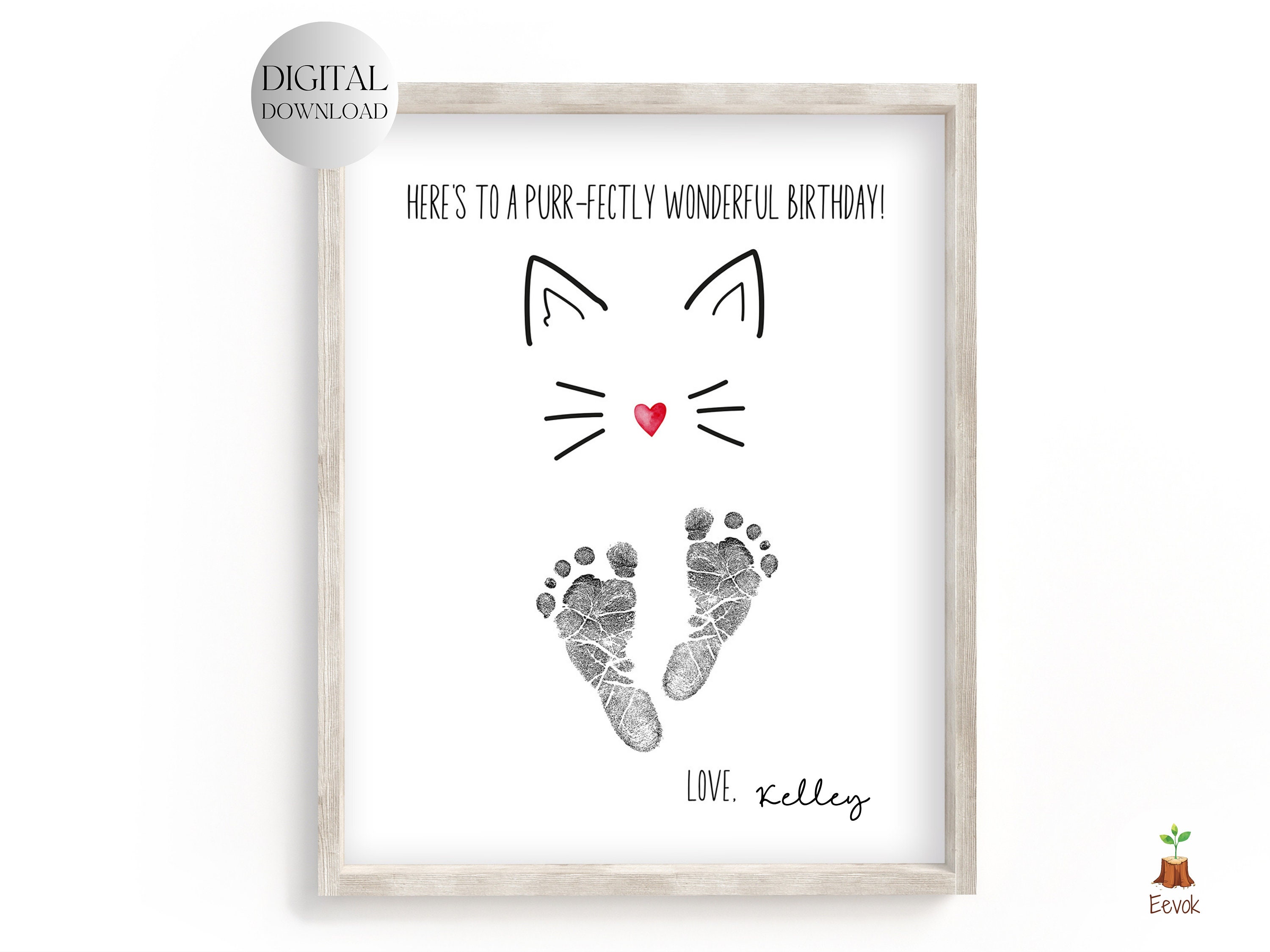 Printable Cute Cat Card, Baby's Footprint Art Birthday Handprint…