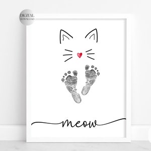 Carte imprimable chat mignon, empreinte de pas de bébé art anniversaire empreintes de main, cadeau de bébé, artisanat d'impression de pied pour grand-mère cadeau pour amoureux des chats