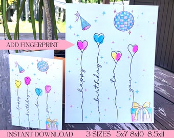 May include: A printable birthday card with a blue background and colorful heart balloons. The card says "Happy birthday to you" and has a disco ball and party hat. The card is available in three sizes: 5x7, 8x10, and 8.5x11.