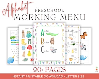 Preschool Alphabet Busy Book Printable Toddler Learning Binder Quiet Book Toddler Montessori Learning Homeschool ABC's Morning Menu Workbook