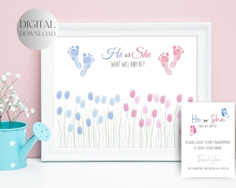 PRINTABLE He or She What Will Baby Be Sign, Baby Shower Guest book, Gender Reveal Party Activity, Fingerprint Thumbprint Guess Game Poster