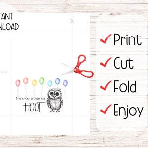 Printable Happy Birthday Card, Last Minute Card, Simple Birthday Card, Printable Cute Birthday Card, Animal Birthday Card, Owl Birthday Card image 4