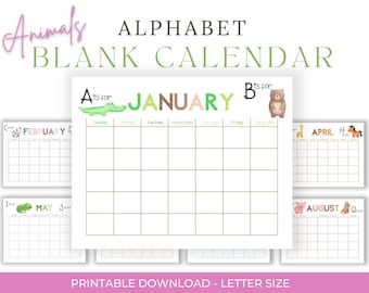 Printable ABC Alphabet Calendar A-Z Animals Homeschool Wall Calendar Craft Daycare Toddler Preschool Classroom Calendar Busy Book Activity