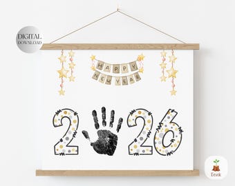 PRINTABLE Happy New Year 2026 Handprint Art, New Years Memories Hand Print Activity for Kids, Footprint Craft, Baby's 1st New Year's Eve