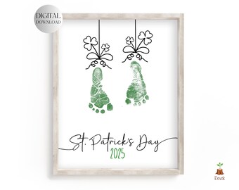 St Patricks Day Shamrock Handprint Art, DIY Footprint Craft, Grandma Handprint, Gift Keepsake DIY New Born Foot Print Holiday Handprint