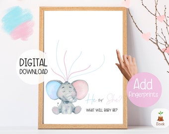 Gender Reveal Ideas, He or She Sign, Gender Guess Game, Fingerprint Printable Art, Gender Reveal Printable Art, Guest Book Baby Shower Sign