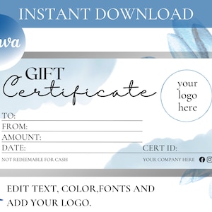 GIFT CERTIFICATE TEMPLATE Printable, Canva, Editable Gift Certificate Template with Logo, Editable Gift Card, Instant Download Gift Voucher