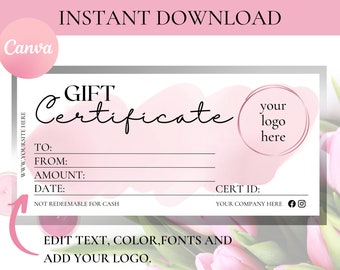 GIFT CERTIFICATE TEMPLATE Printable, Canva, Editable Gift Certificate Template with Logo, Editable Gift Card, Instant Download Gift Voucher