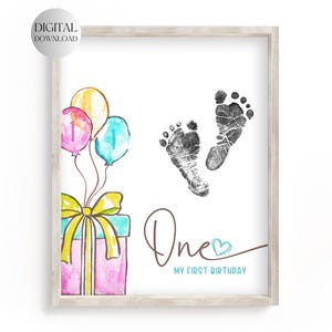 Imprimable 1er anniversaire de bébé, première année de bébé, empreinte de main souvenir, art de l'empreinte, création d'empreintes de pieds, anniversaire de garçon, avoir un anniversaire