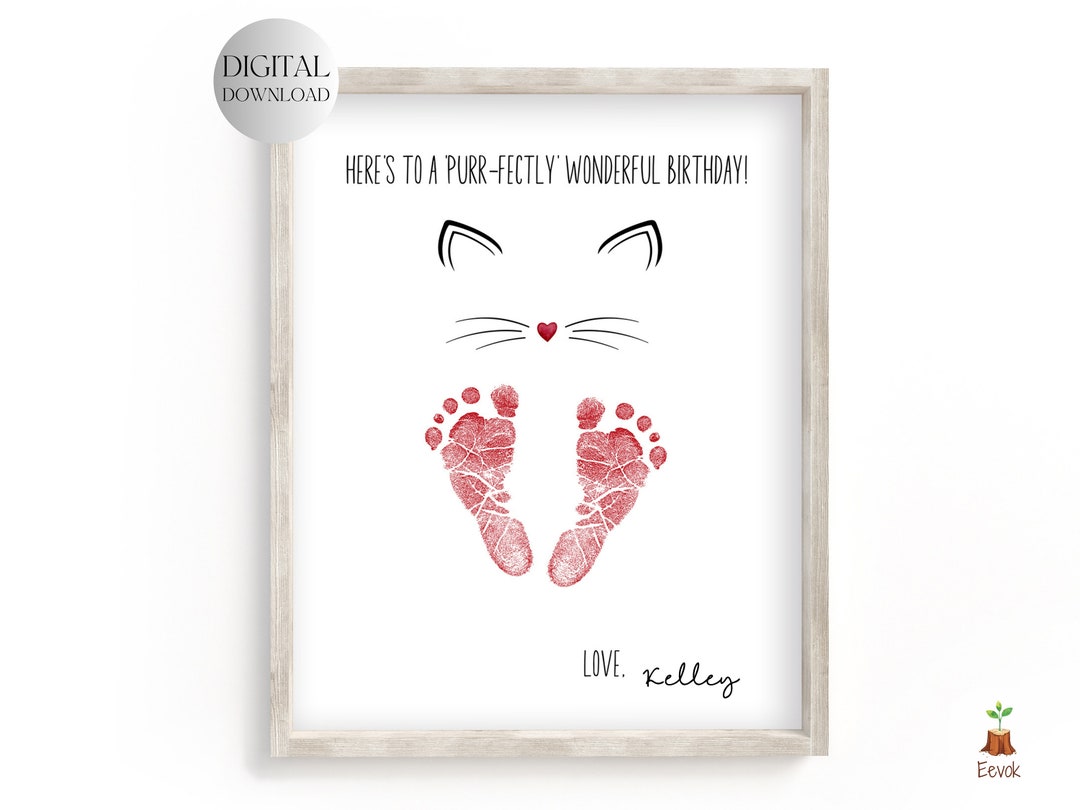 Printable Cute Cat Card, Baby's Footprint Art Birthday Handprint Art ...