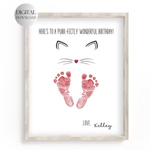 Druckbare süße Katzen Karte, Baby Fußabdruck Kunst Geburtstag Handabdruck Kunst Fußabdrücke, Geschenk vom Baby, Fuß Druck Handwerk für Mutter Geschenk für Katzenliebhaber