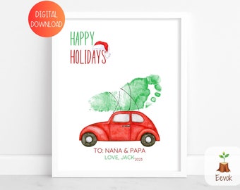 May include: A red car with a green Christmas tree on top, a handprint representing the tree. The text reads "Happy Holidays" with a Santa hat, "To: Nana & Papa, Love, Jack, 2023".