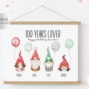 Presente de aniversário de 100 anos para impressão para avó, mãe, ideia de presente de aniversário de 100 anos, presente de aniversário de 100 anos, presentes para avó, retrato de família de gnomos