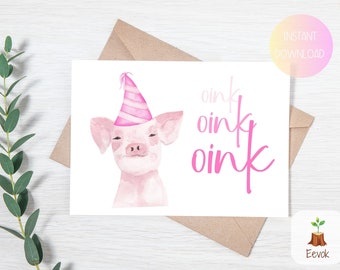 Printable Funny Birthday Card, Watercolor Pig Card, Blank Piggy Card, Pig Lover, Pig Birthday, Funny Animal Card, Cute Animal Birthday Card