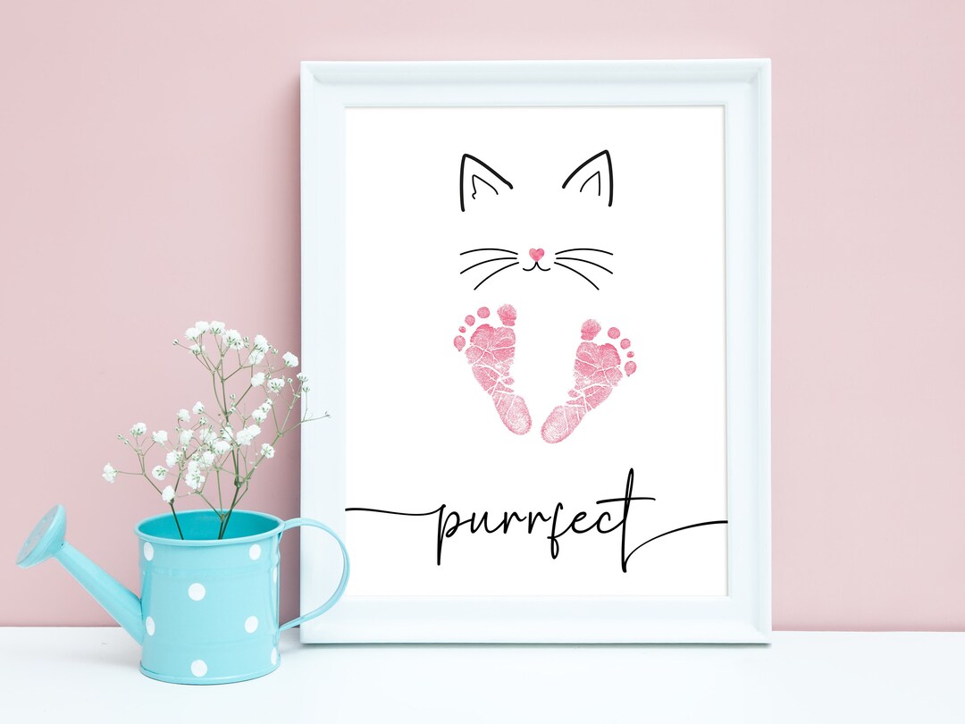 Printable Cat Birthday Card, Cute Cat Card, Baby's Footprint Art ...