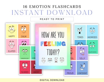 May include: A set of 16 printable flashcards featuring different cartoon faces expressing various emotions. The cards are colorfully designed with a rainbow gradient background and the text "How are you feeling today?" at the top.