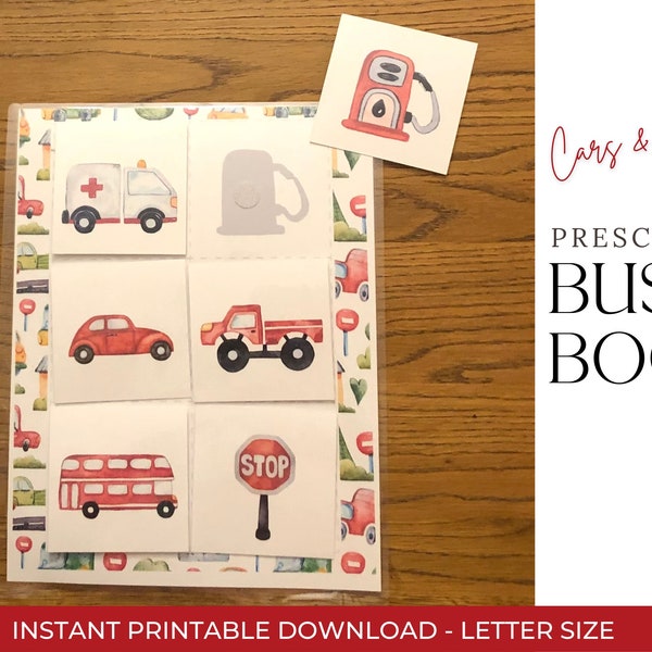 Preschool Busy Book Printable, Toddler Quiet Book, Printable Busy Bundle Book, Toddler learning Binder, Cars and Trucks Transportation Match