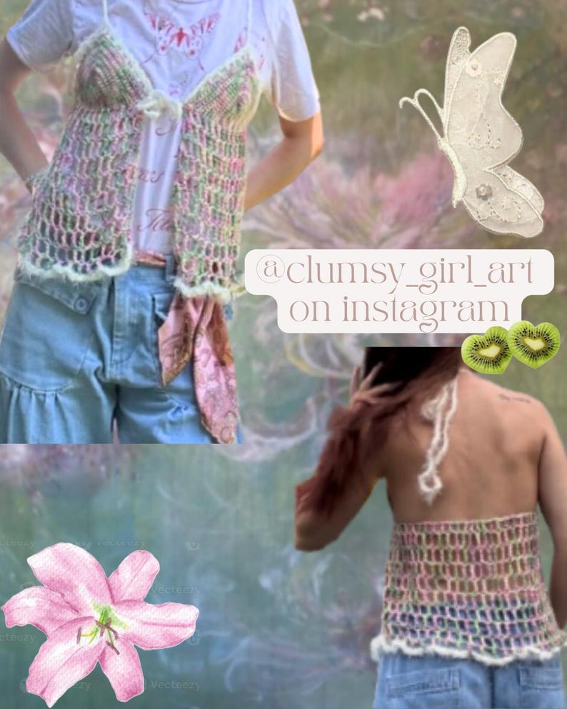 Op de afbeelding: Een handgemaakte gehaakte top in pastelkleuren roze, groen en wit. De top wordt gedragen over een wit t-shirt en gecombineerd met een spijkerbroek. De afbeelding bevat de tekst "@clumsy_girl_art on instagram".