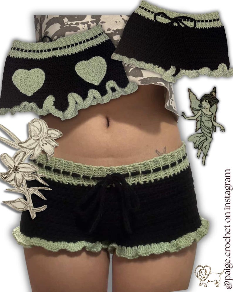 K&ouml;nnte beinhalten: Schwarze H&auml;kelshorts mit hellgr&uuml;ner Bord&uuml;re und Kordelzug. Die Shorts haben einen ger&uuml;schten Saum und ein Herzdesign. Das Bild zeigt auch einen passenden Rock mit Herzdesign und hellgr&uuml;ner Bord&uuml;re. Der Text "paige.crochet on instagram" ist sichtbar.