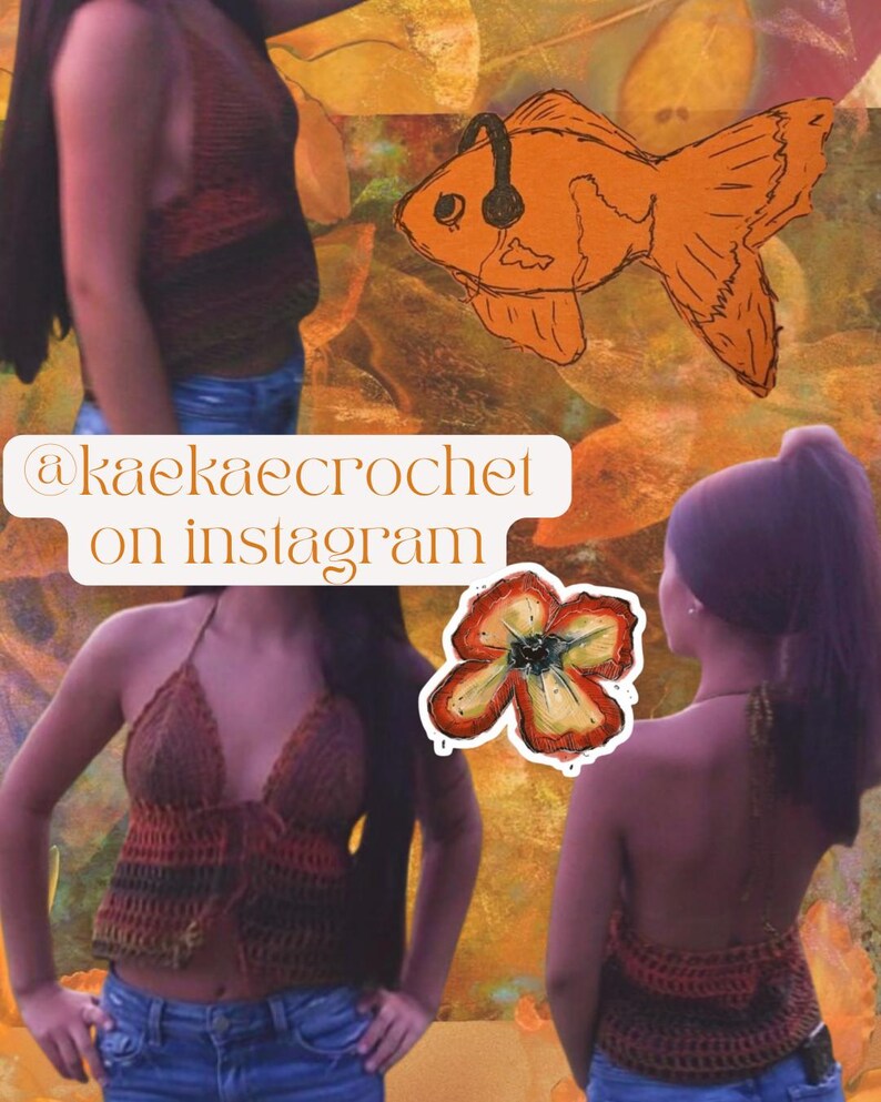 Op de afbeelding: Een bruin en oranje gehaakte haltertop. De afbeelding bevat ook een tekening van een oranje vis met een koptelefoon, een bloemensticker en de tekst "@kaekaecrochet on instagram".