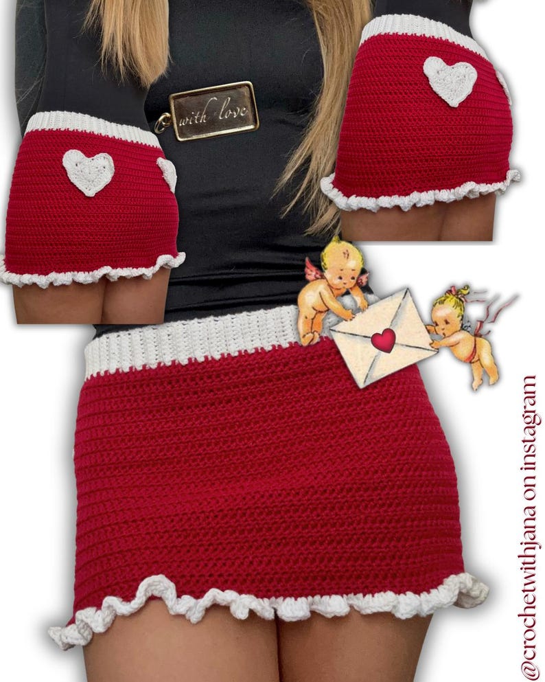 K&ouml;nnte beinhalten: Rote H&auml;kelshorts mit wei&szlig;em Bund und R&uuml;schensaum. Auf der R&uuml;ckseite ist ein wei&szlig;es Herz aufgen&auml;ht. Die Shorts sind handgefertigt. Der Instagram-Handle @crochetwithjana ist sichtbar.