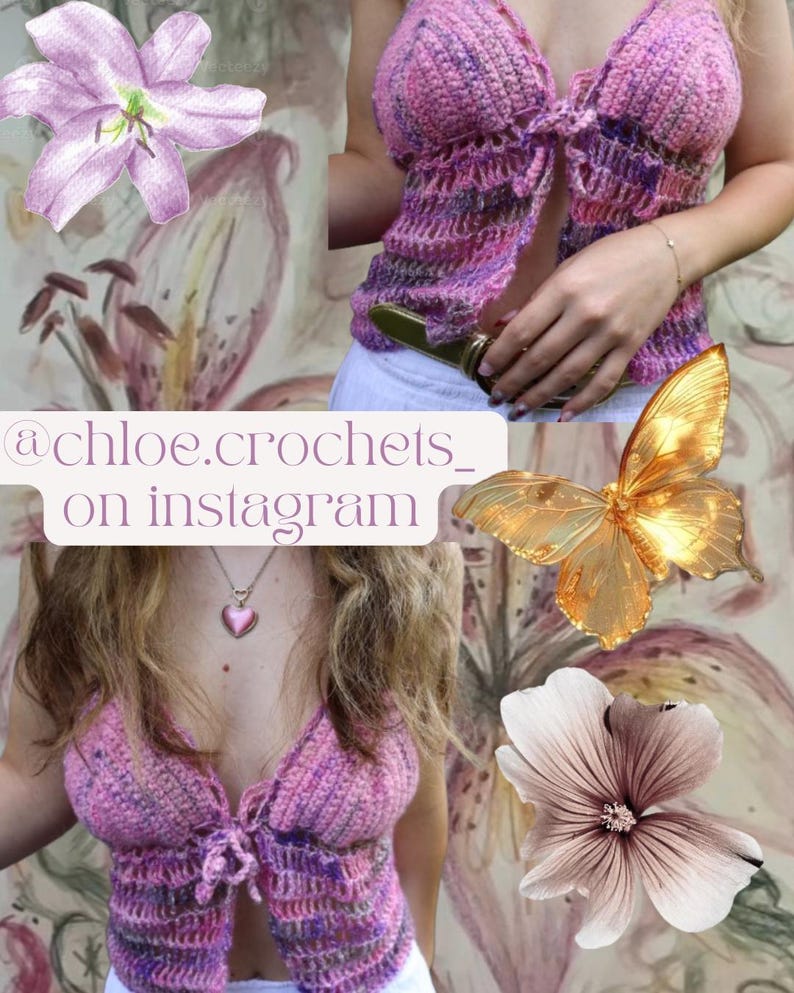 Op de afbeelding: Een roze en paarse gehaakte top met een striksluiting. De afbeelding bevat een gouden vlinder, bloemen en de tekst "@chloe.crochets_ on instagram". De top is handgemaakt en lijkt van zacht garen te zijn.