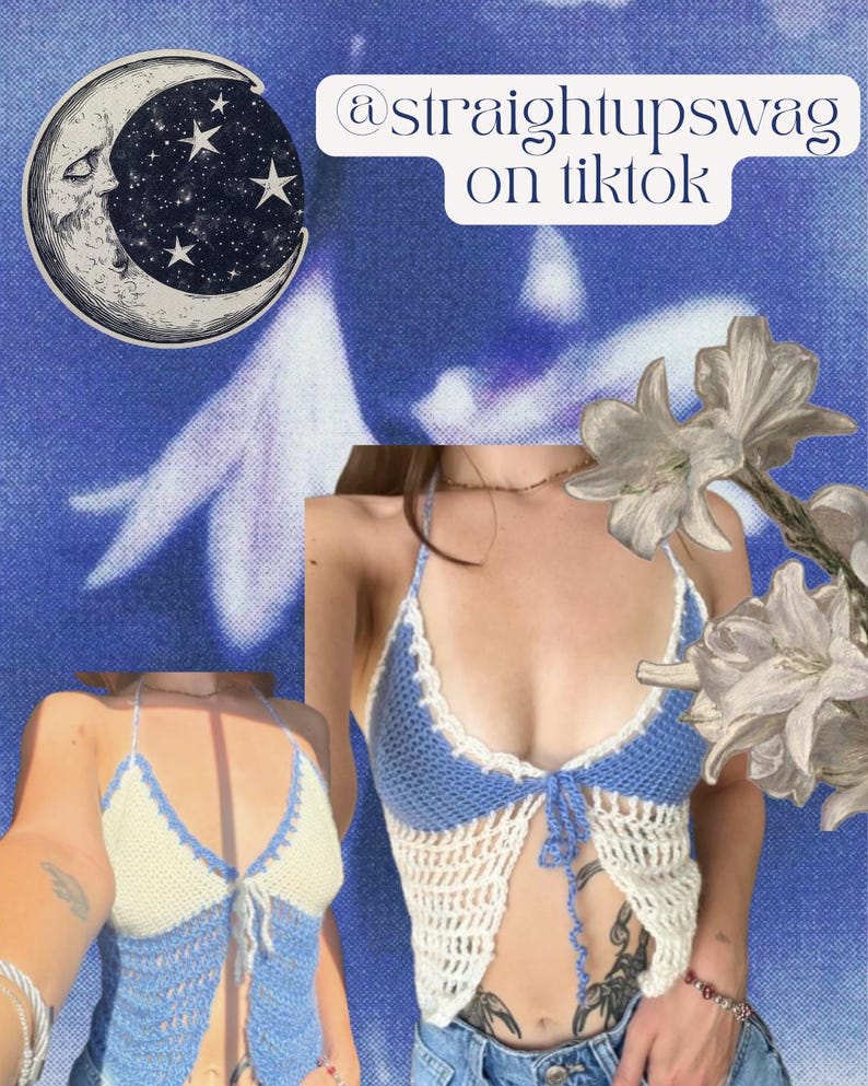 Op de afbeelding: Een blauw en wit gehaakt haltertopje met een striksluiting. De afbeelding bevat een maan- en sterrenafbeelding en de tekst "@straightupswag on tiktok". De top is een handgemaakt kledingstuk.