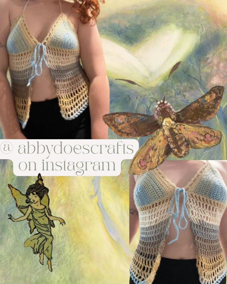 Op de afbeelding: Een handgehaakte haltertop in beige, blauw en bruin. De open voorkant heeft een striksluiting en een open weefselontwerp. De Instagram-handle "abbydoescrafts" is zichtbaar. De top is een uniek, handgemaakt item.