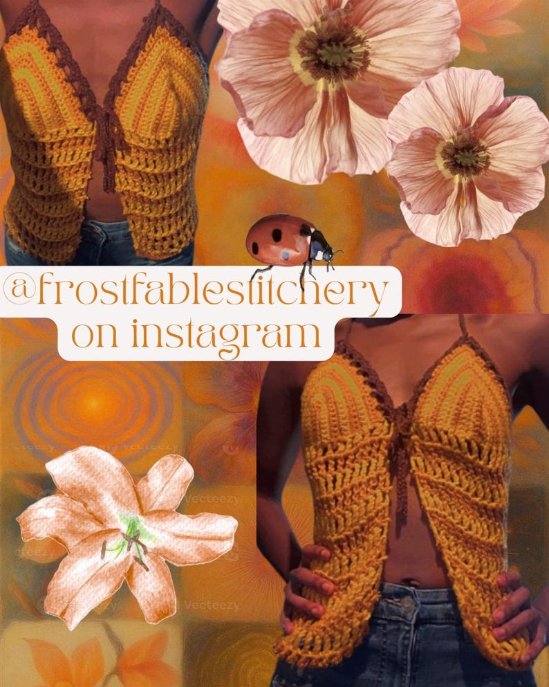 Op de afbeelding: Een handgemaakte gehaakte top in geel en bruin, met een open voorkant en gedetailleerde steekpatronen. De tekst "@frostfablesfiltchery on instagram" is zichtbaar. De achtergrond bevat bloemen en abstracte ontwerpen.