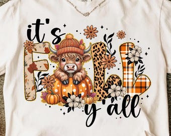 Its Fall Y'all PNG,Highland Cow PNG,Thanksgiving Cow Design,Pumpkin Sublimation,Cozy Autumn Design,Fall Plaid Pumpkin PNG