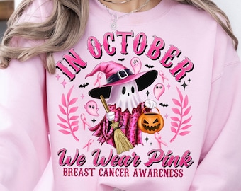 In October We Wear Pink PNG, Breast Cancer Awareness Png, Retro Breast Cancer Png, Halloween Pink Ghost png, Halloween Shirt Sublimation