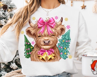 Coquette Christmas Highland Cow png, Western Christmas png, Highland Cow png, Merry Xmas png, Aesthetic Christmas png, Trending png