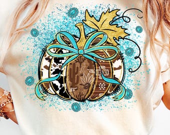 Western Pumpkin PNG,Cowhide Pumpkin Sublimation,Turquoise Western Fall Design,Boho Pumpkin Digital Download,Rustic Fall Pumpkin PNG
