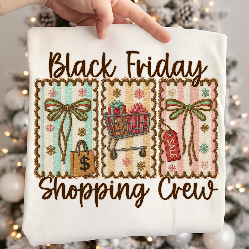 May include: White t-shirt with a brown text design that says "Black Friday Shopping Crew". The design includes three rectangular panels with bows, a shopping cart, a shopping bag, and a sale tag.