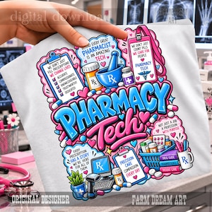 May include: A white fabric surface featuring a colorful graphic design with the text PHARMACY TECH, various medical illustrations including pill bottles, a mortar and pestle, a computer, and clipboards with inspirational pharmacy-themed quotes.