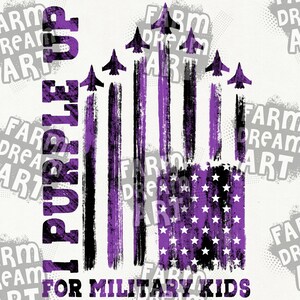 May include: Purple and black American flag with a purple star pattern. The flag is painted with a brushstroke effect. The words "I Purple Up For Military Kids" are written below the flag.