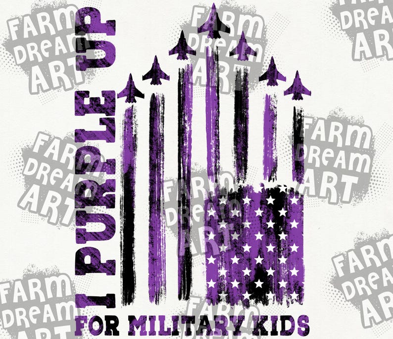 May include: Purple and black American flag with a purple star pattern. The flag is painted with a brushstroke effect. The words "I Purple Up For Military Kids" are written below the flag.