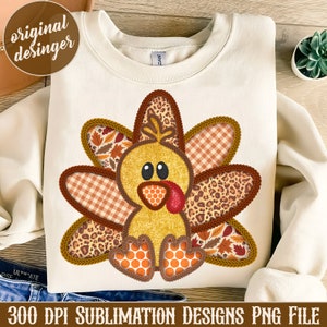 May include: A digital design featuring a cute cartoon turkey with a patchwork design. The turkey is made up of different fabrics, including plaid, leopard print, and autumn leaves. The design is perfect for sublimation projects, such as t-shirts, mugs, and tote bags.