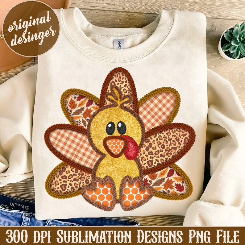 May include: A digital design featuring a cute cartoon turkey with a patchwork design. The turkey is made up of different fabrics, including plaid, leopard print, and autumn leaves. The design is perfect for sublimation projects, such as t-shirts, mugs, and tote bags.